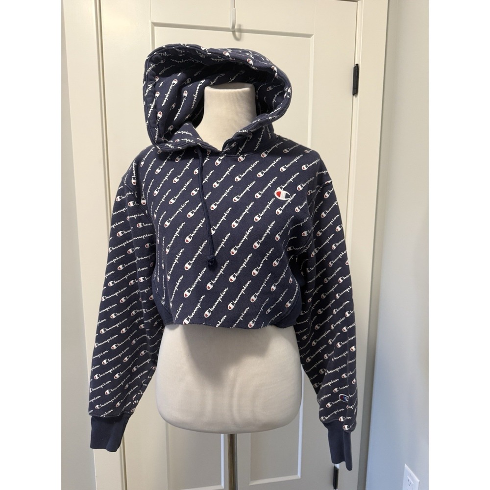 Champion Women Cropped All Over Print Logo Hoodie Reverse Weave Blue Size Small - Picture 2 of 8